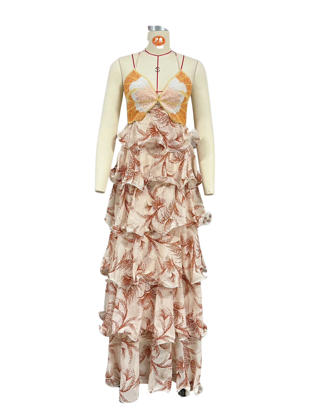 Tiered ruffled maxi dress with sequin and bead embellishments, back tie, and open back - Mariposa
