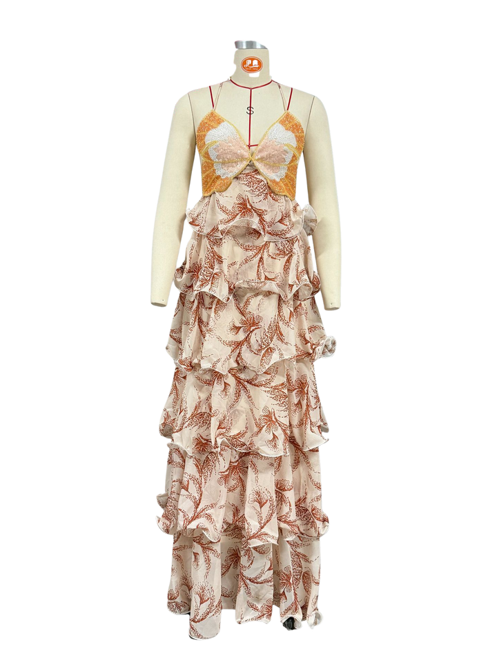 Tiered ruffled maxi dress with sequin and bead embellishments, back tie, and open back - Mariposa