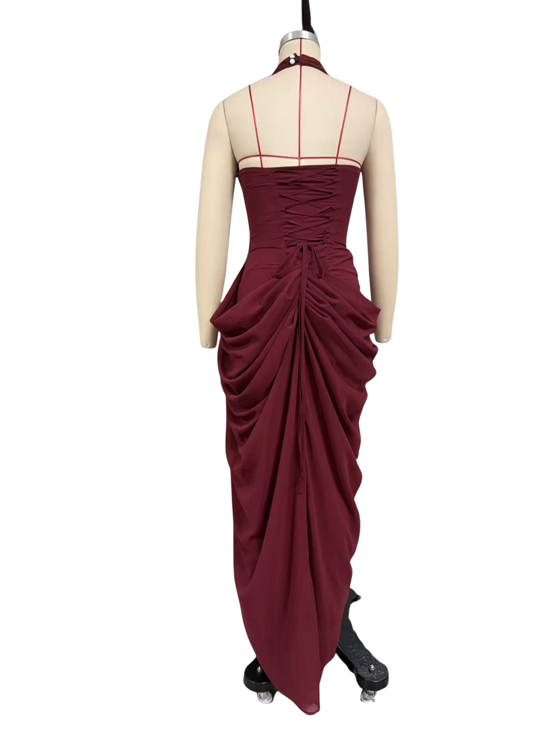 Elegant pleated maxi dress with a slit design and a back tie for a cinched waist – SIA