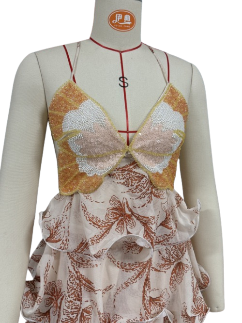 Tiered ruffled maxi dress with sequin and bead embellishments, back tie, and open back - Mariposa