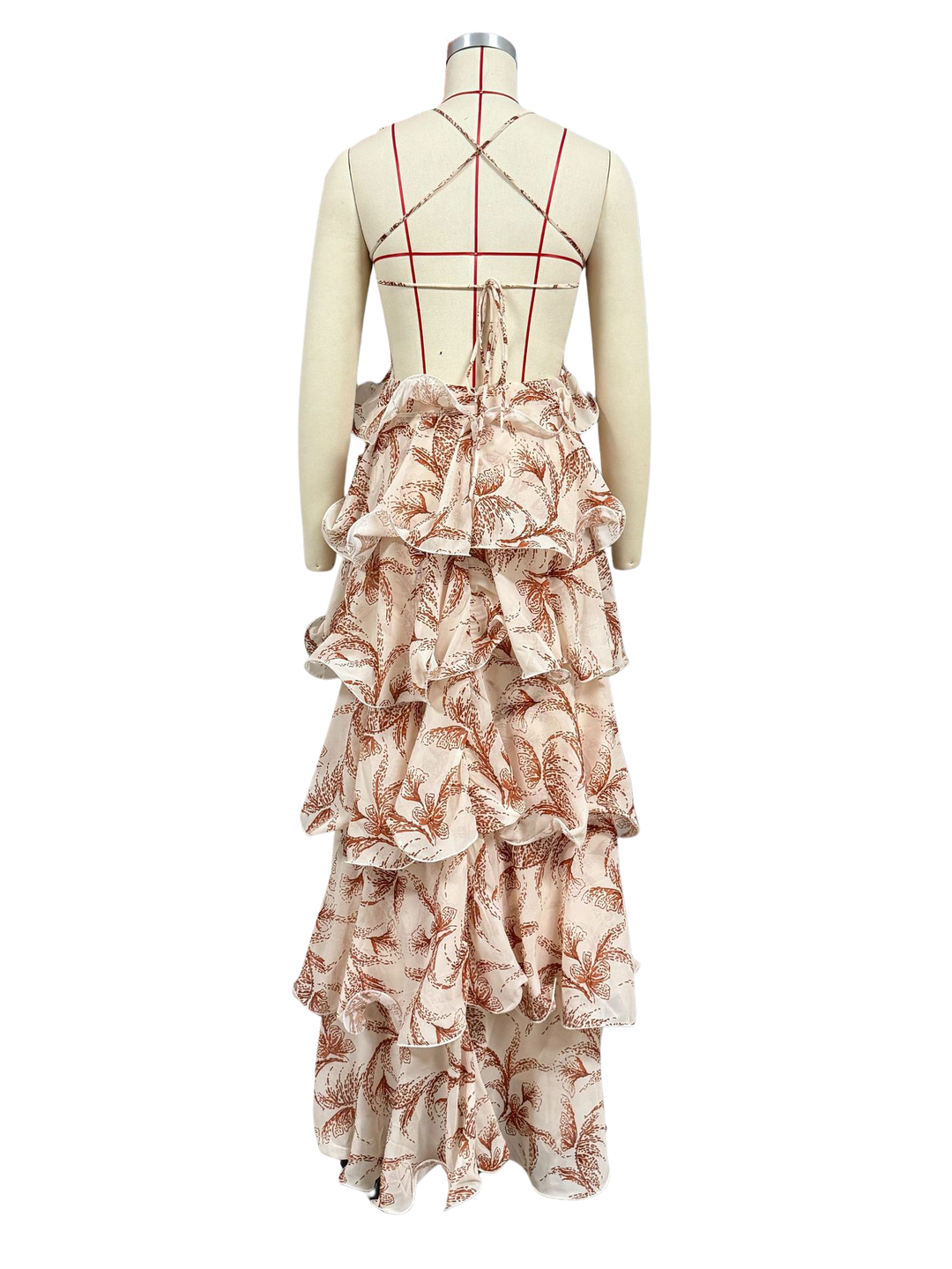 Tiered ruffled maxi dress with sequin and bead embellishments, back tie, and open back - Mariposa