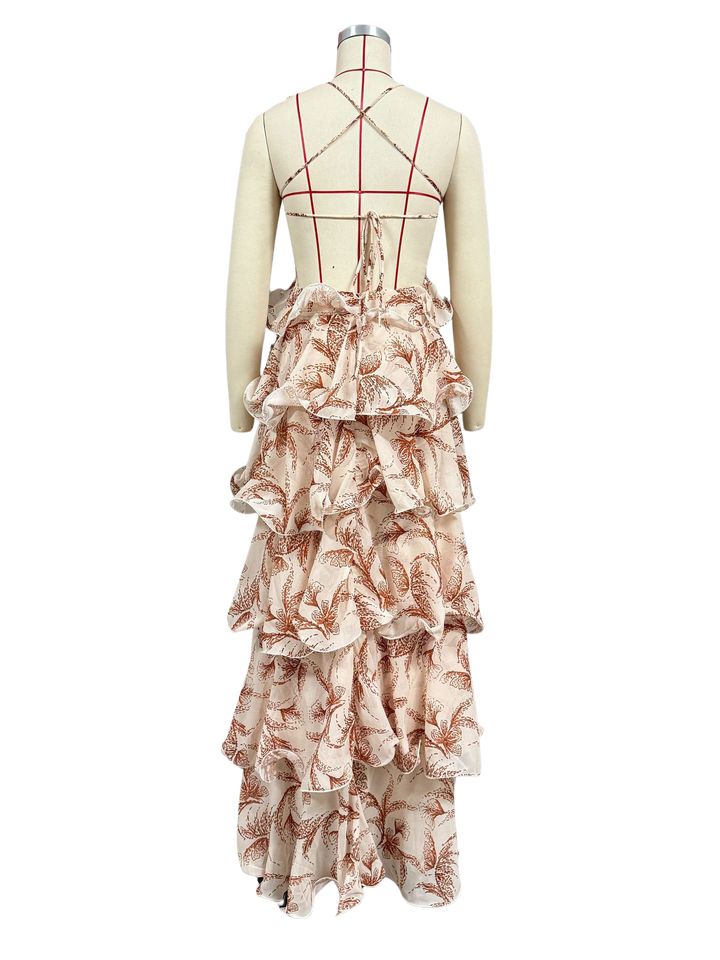 Tiered ruffled maxi dress with sequin and bead embellishments, back tie, and open back - Mariposa