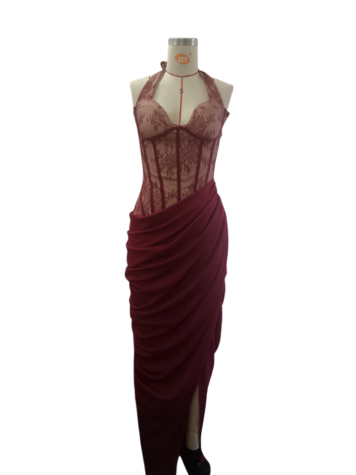 Elegant pleated maxi dress with lace embellishments, a slit design, and a back tie for a cinched waist – AYLIN