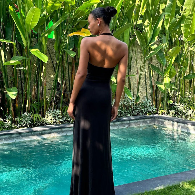 שמלת מקסי מחשוף עמוק גב פתוח - עלמה