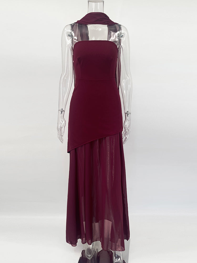 שמלת מקסי סטרפלס חלק תחתון שיפון בעיצוב שסע בעיטור צעיף תואם - Princess