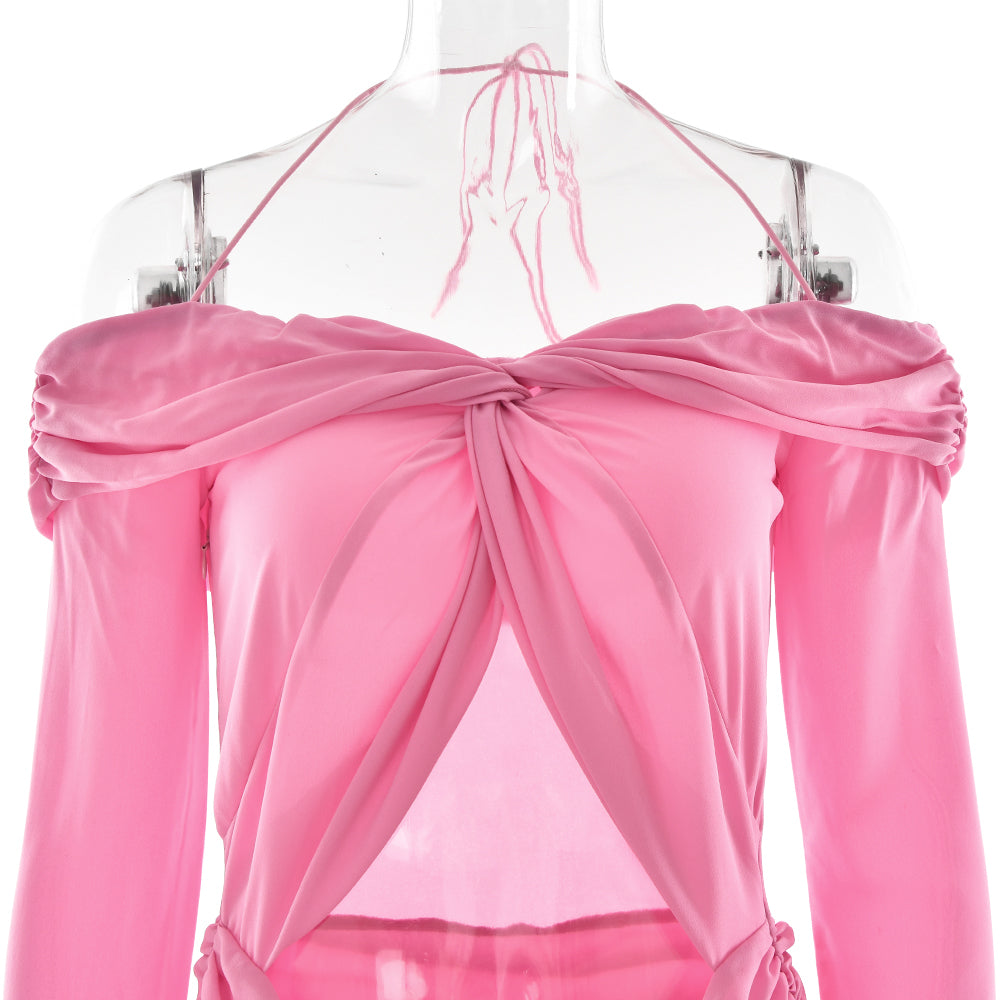 שמלת מקסי שיפון בעיצוב קיפולים ופתח כתפיים חשופות - וולנס