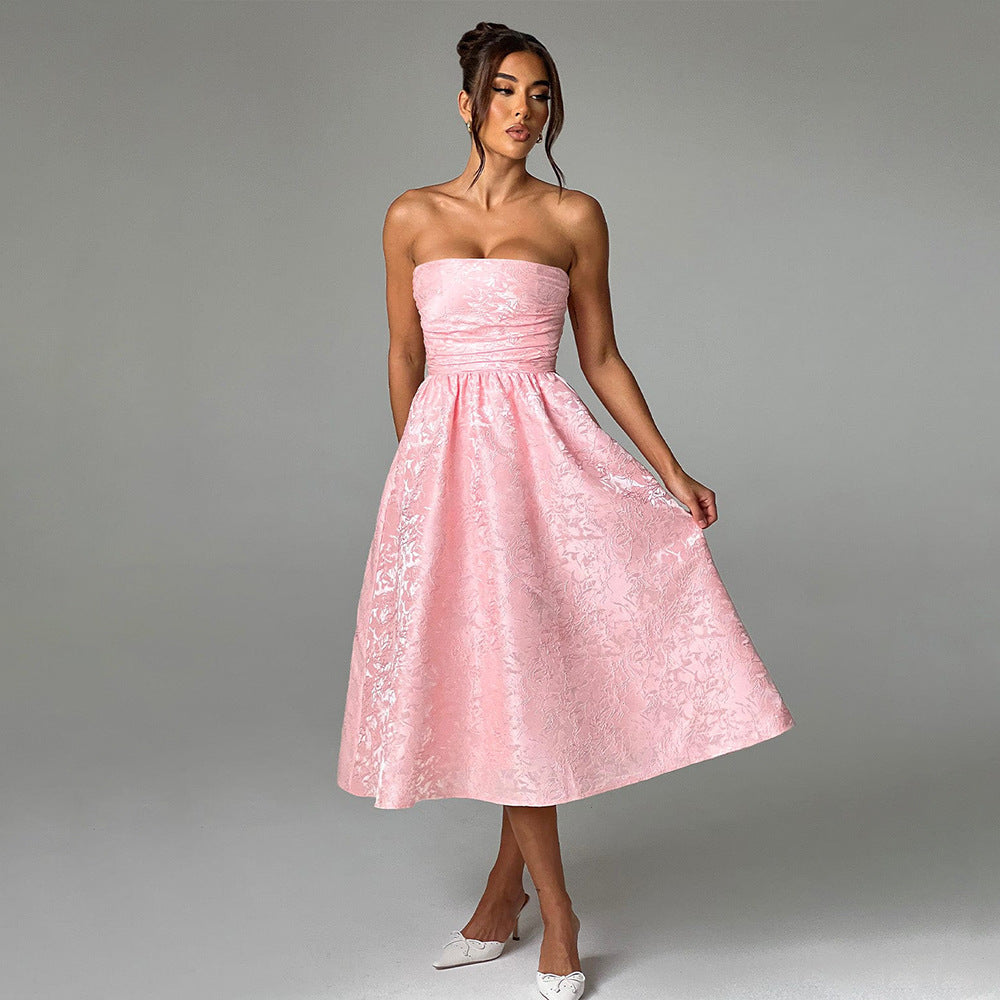 שמלת מידי סטרפלס בגזרת A גב פתוח בעיטור רקמת איורי פרחים - פלורה