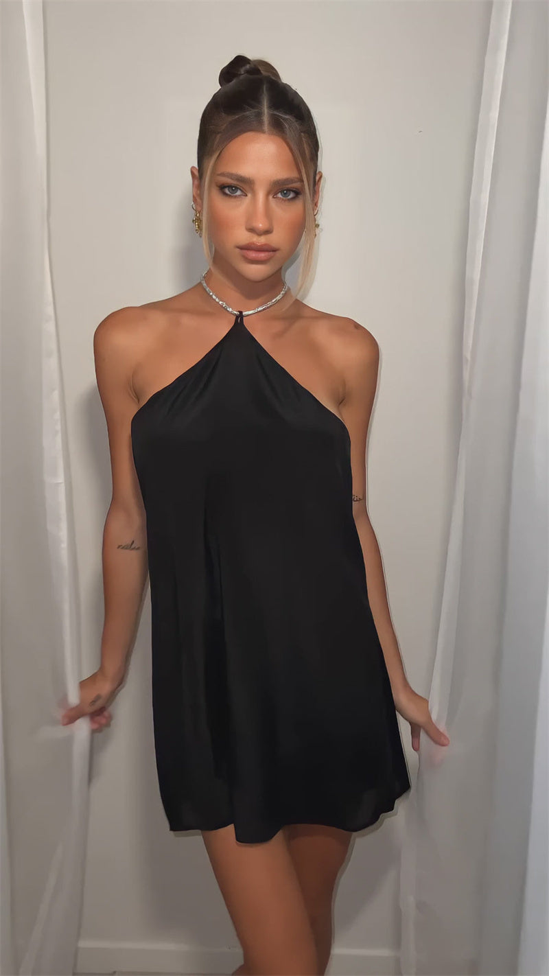 שמלת מיני סאטן בעיצוב חוטי זרקונים מנצנצים לקשירה בצוואר - קולין