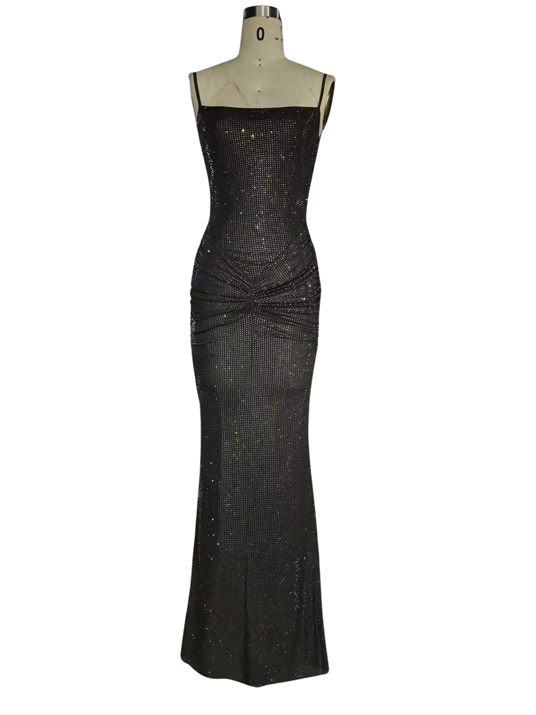 Tight maxi dress with glittering rhinestones and gathers - DIAN
