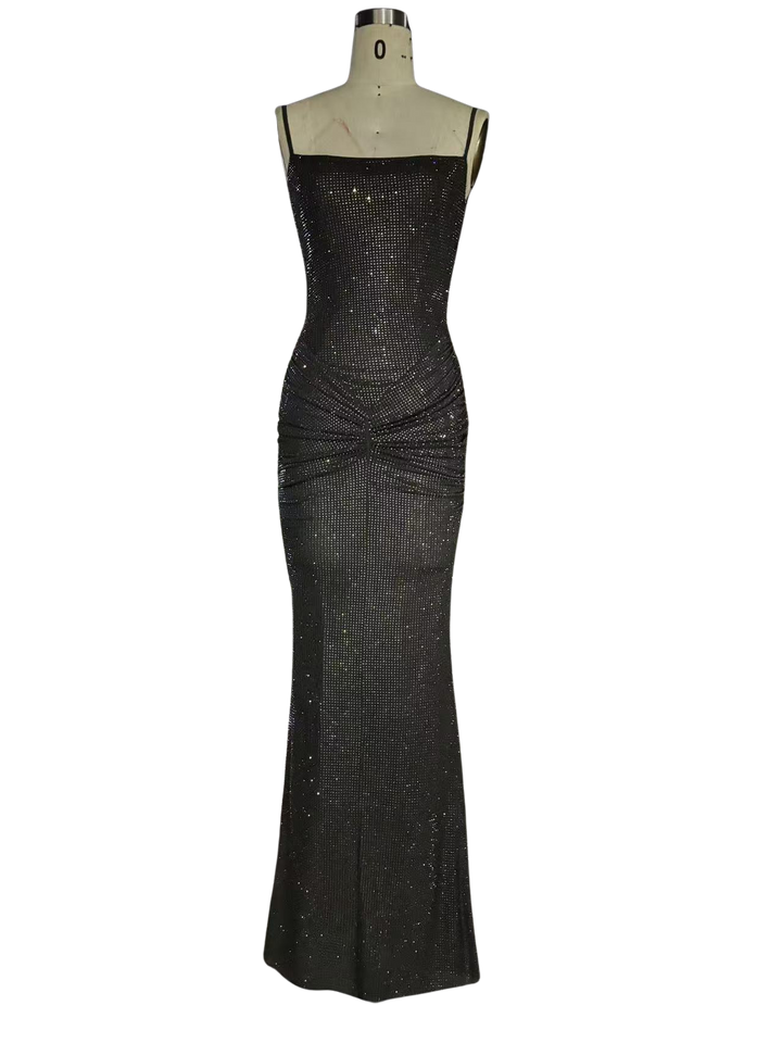 Tight maxi dress with glittering rhinestones and gathers - DIAN
