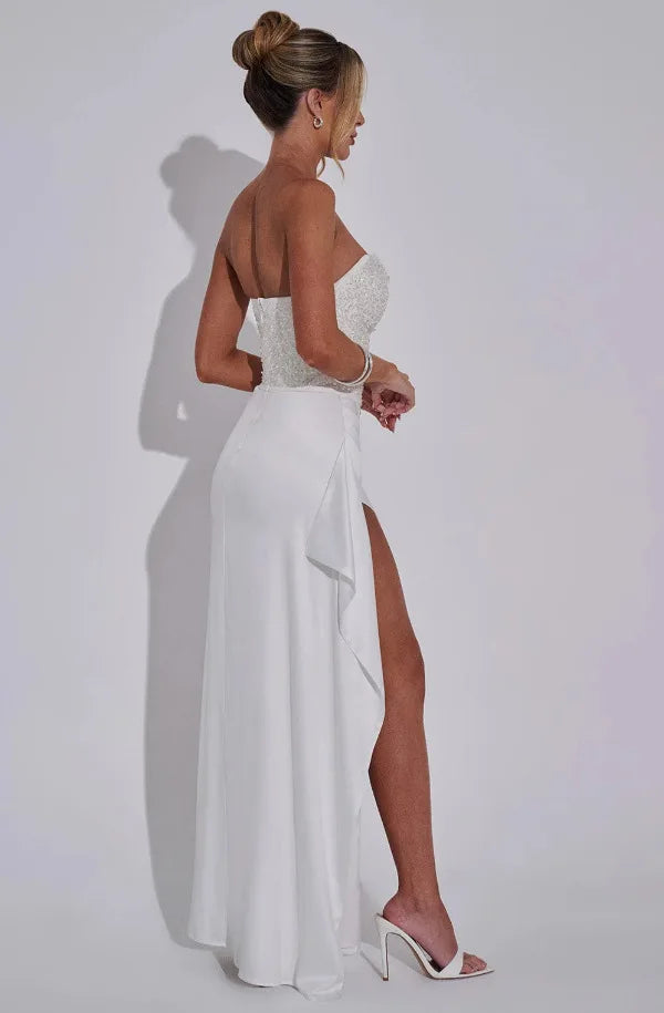 סט שני חלקים חצאית מקסי סאטן וטופ מחוך סטרפלס בעיטור פייטים - Milani