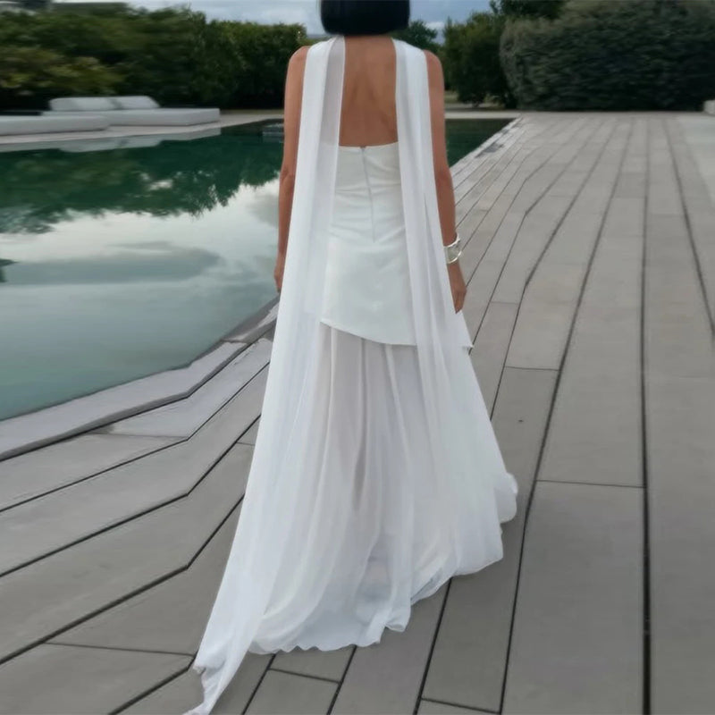 שמלת מקסי סטרפלס חלק תחתון שיפון בעיצוב שסע בעיטור צעיף תואם - Princess