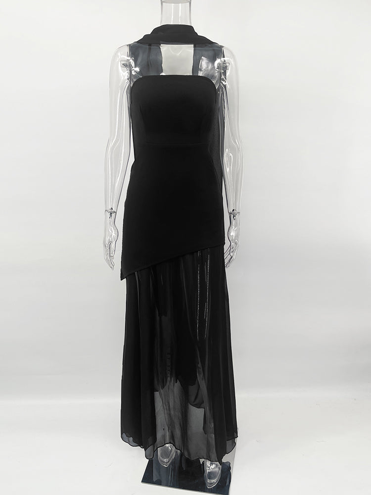 שמלת מקסי סטרפלס חלק תחתון שיפון בעיצוב שסע בעיטור צעיף תואם - Princess