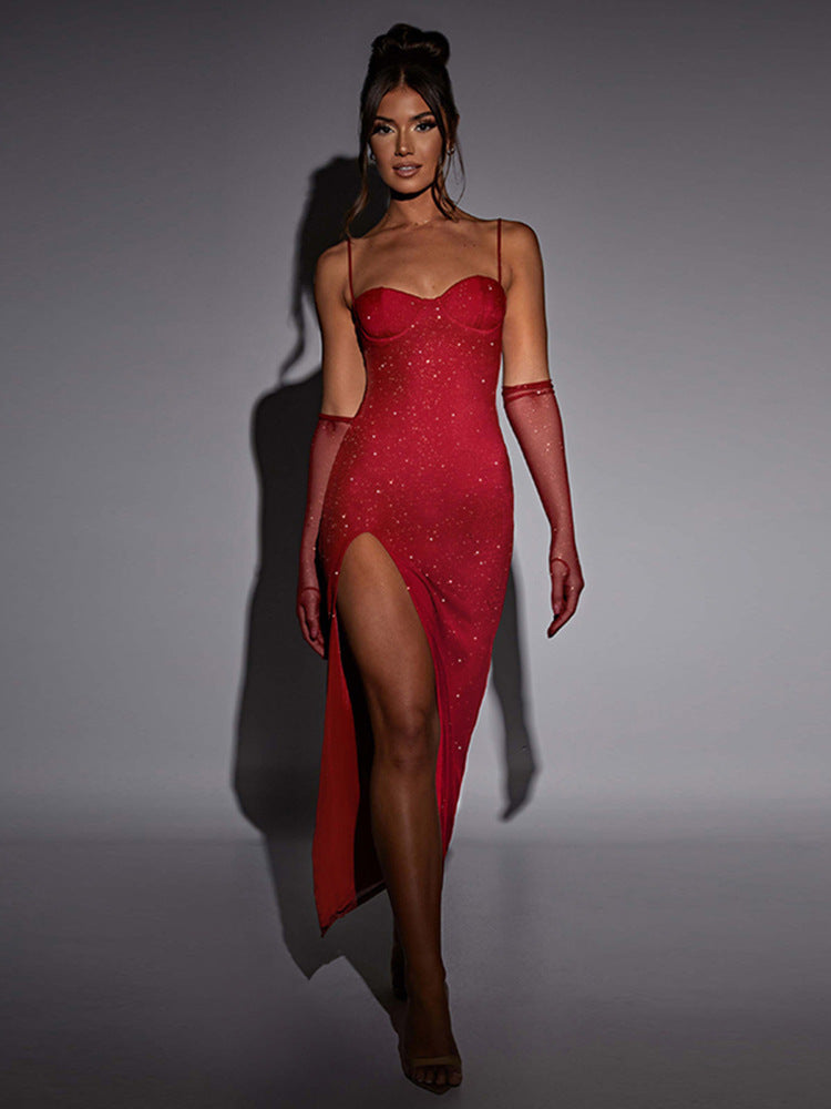 שמלת מקסי נצנצים בעיצוב שסע בעיטור כפפות - Daphne