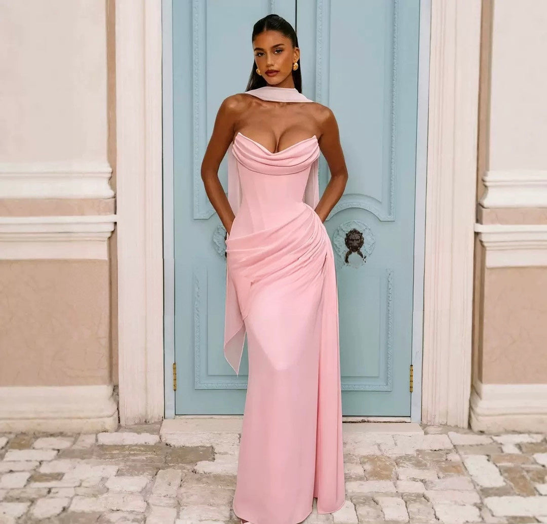 Strapless maxi dress with a back tie for a cinched waist, ruching, and a train – orin