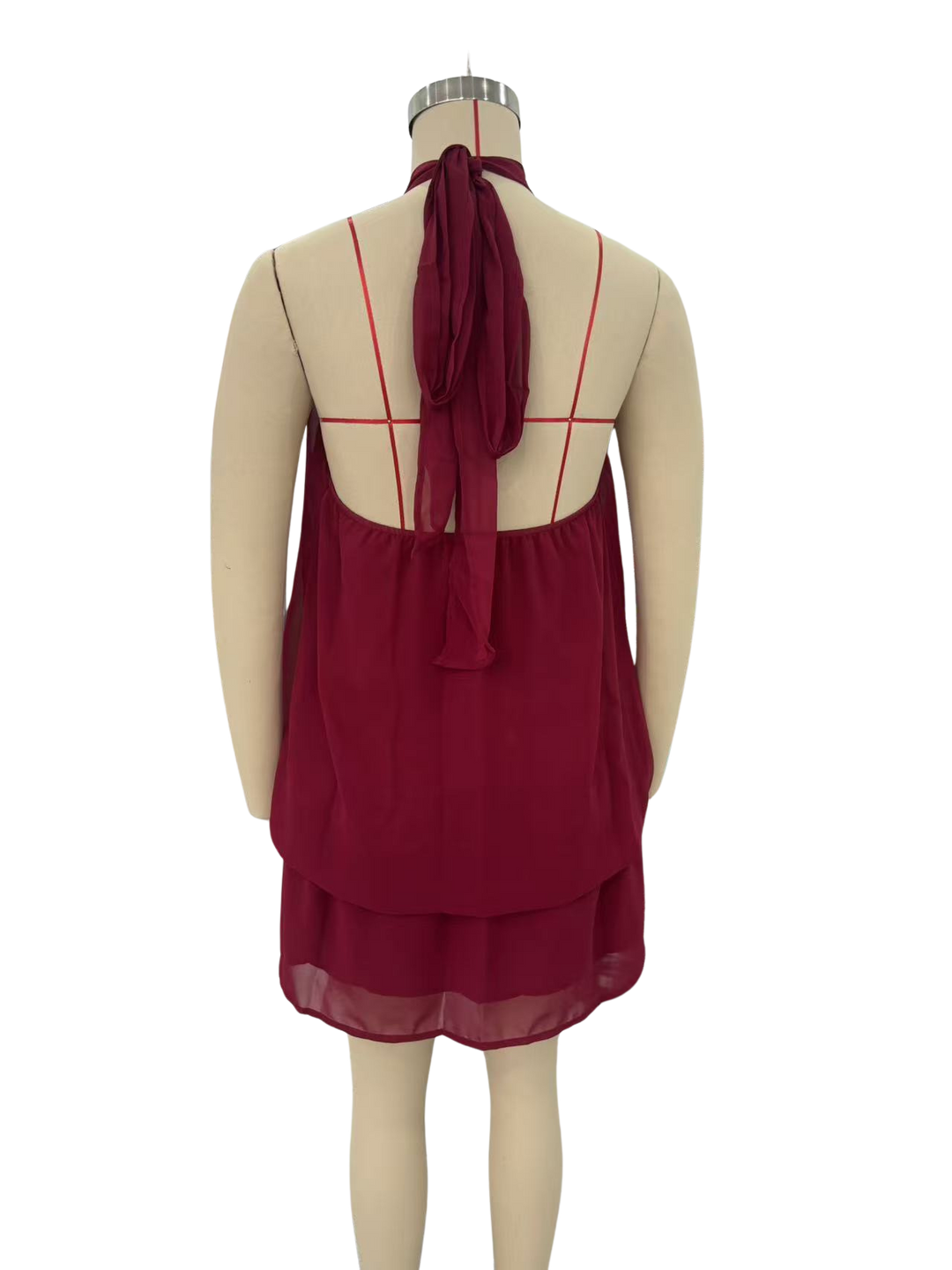 Chiffon ruffled mini dress with tiered ruffles, neck tie, and open back – Seychelles