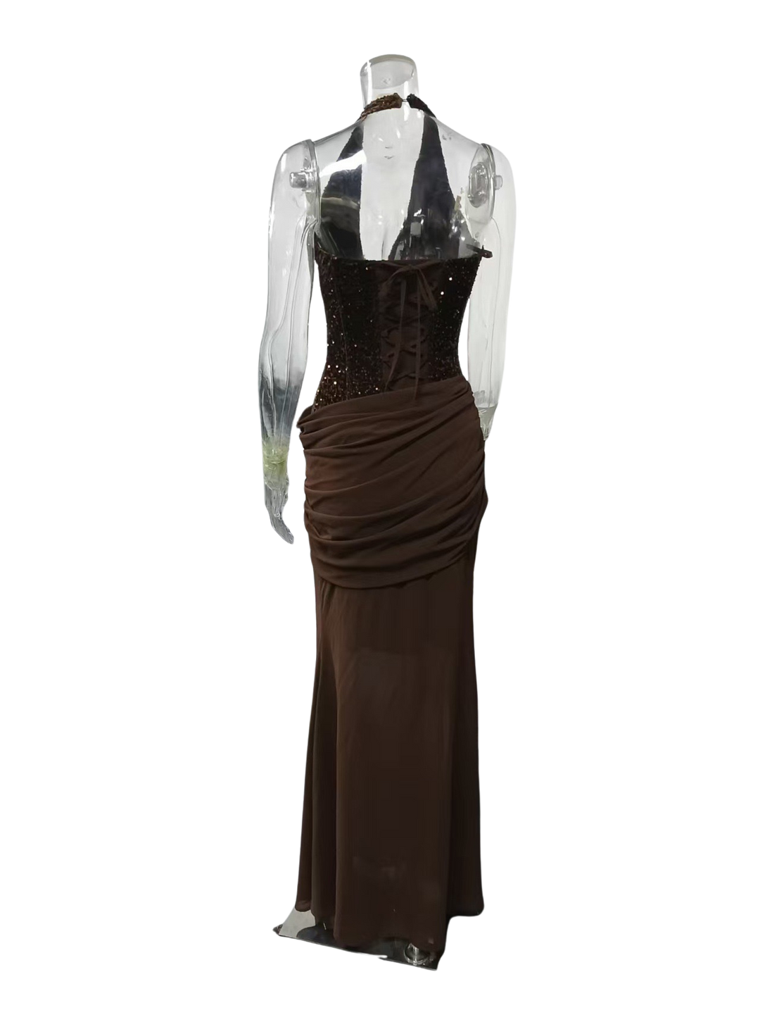 Maxi dress with sequin design, back closure, open back, tie at the back to attach at the waist - Liana