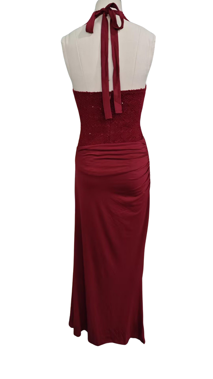 Maxi dress with sequin design, tie at the back of the neck, open back - Orlin