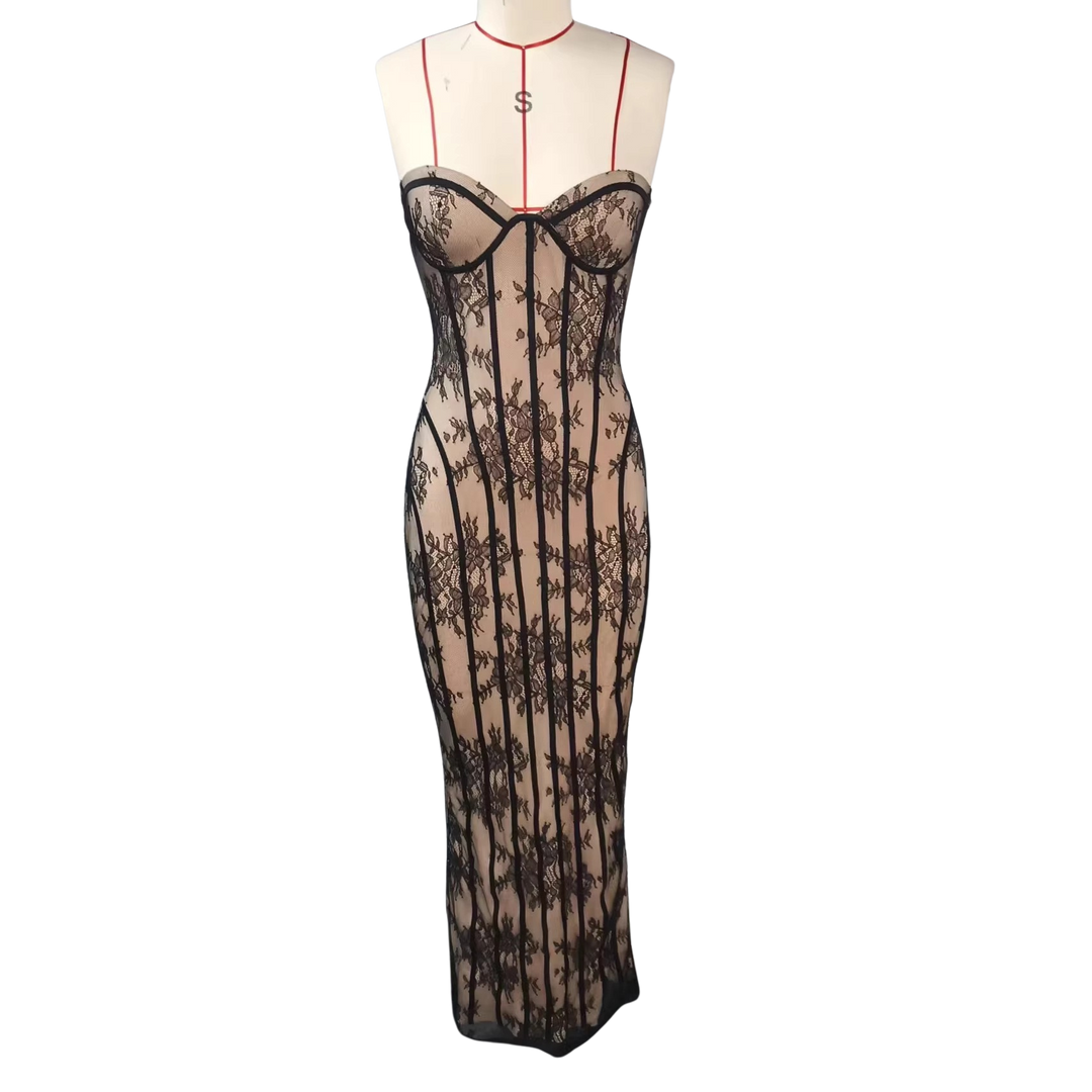 Maxi Strapless Lace Dress with Back Tie Waist Fit - TERRA