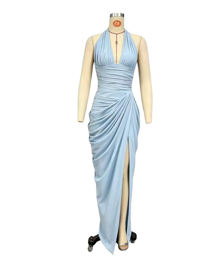 Elegant pleated maxi dress with a slit design and a back tie for a cinched waist – SIA