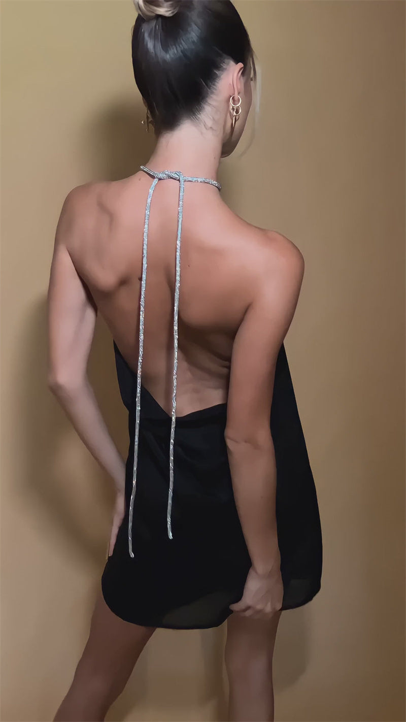 שמלת מיני סאטן בעיצוב חוטי זרקונים מנצנצים לקשירה בצוואר - קולין