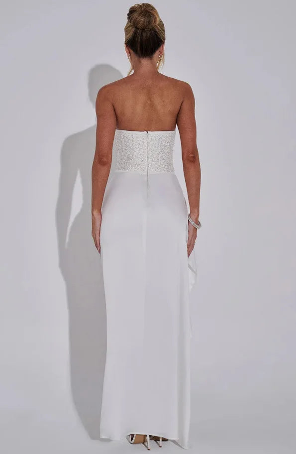 סט שני חלקים חצאית מקסי סאטן וטופ מחוך סטרפלס בעיטור פייטים - Milani