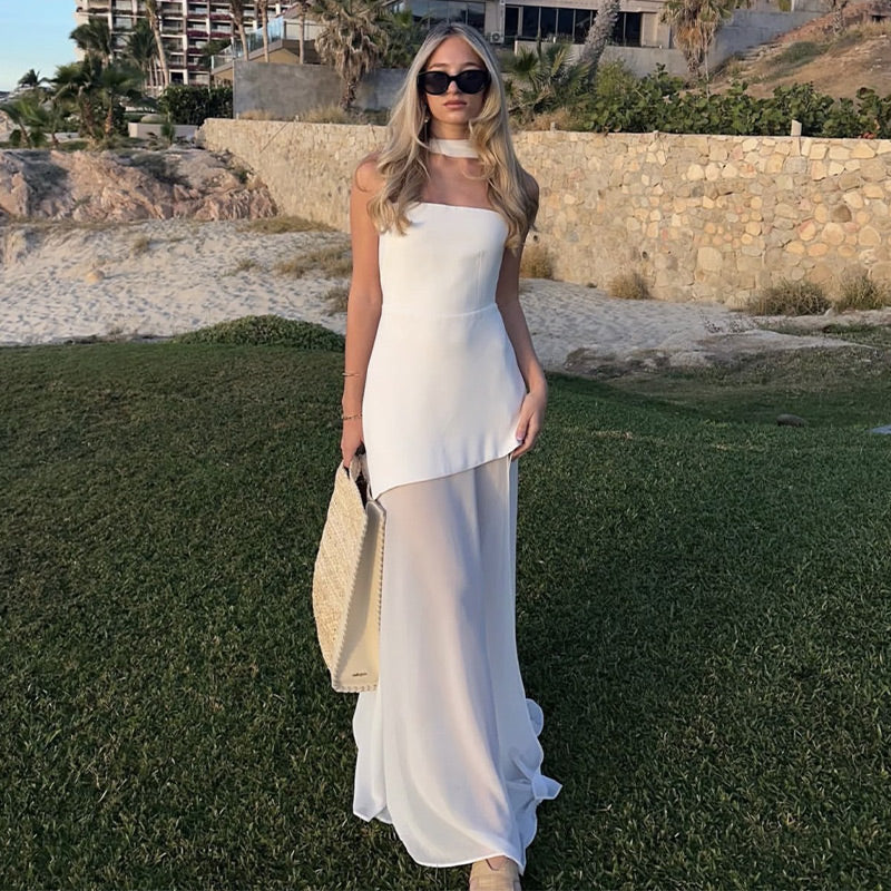 שמלת מקסי סטרפלס חלק תחתון שיפון בעיצוב שסע בעיטור צעיף תואם - Princess