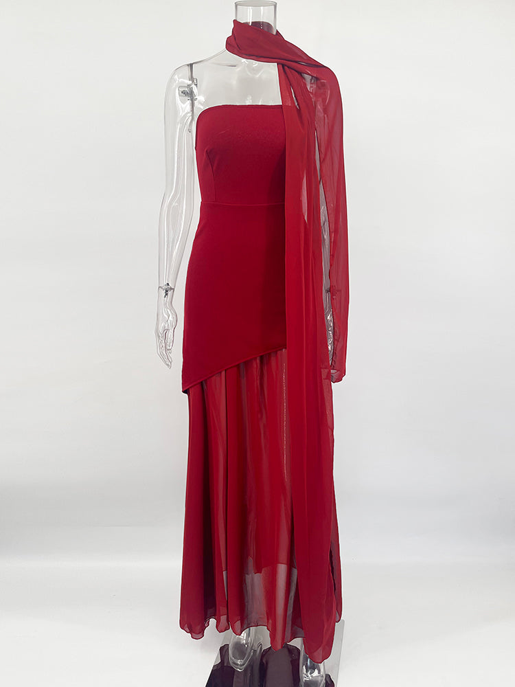 שמלת מקסי סטרפלס חלק תחתון שיפון בעיצוב שסע בעיטור צעיף תואם - Princess