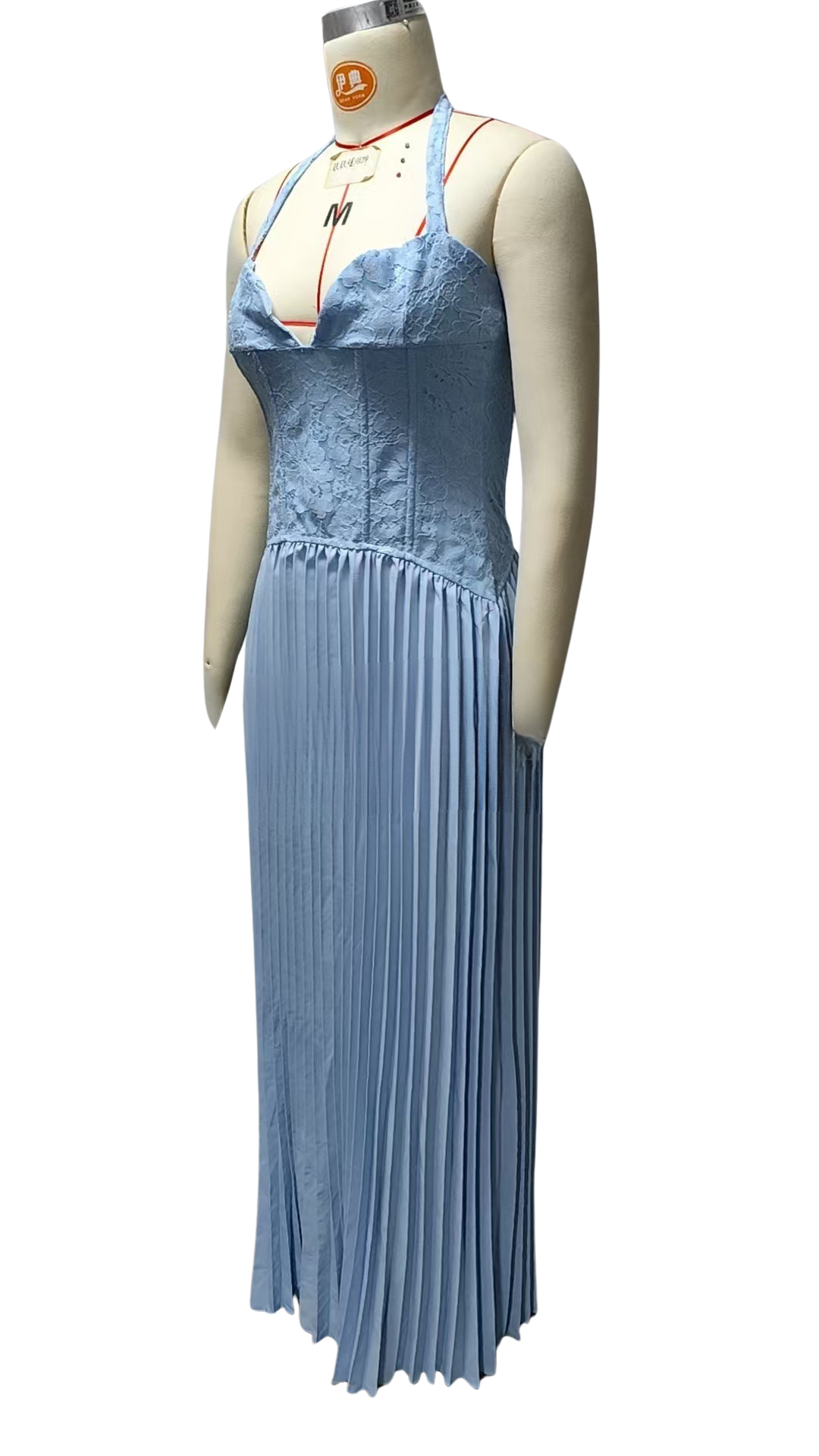 Pleated maxi dress with a lace design, back tie, and waist fastening - MELIA