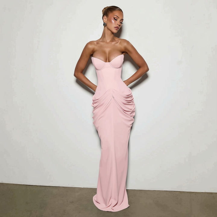 Nalia strapless maxi dress with pleats, corset design, back tie, and waist-cinching fit