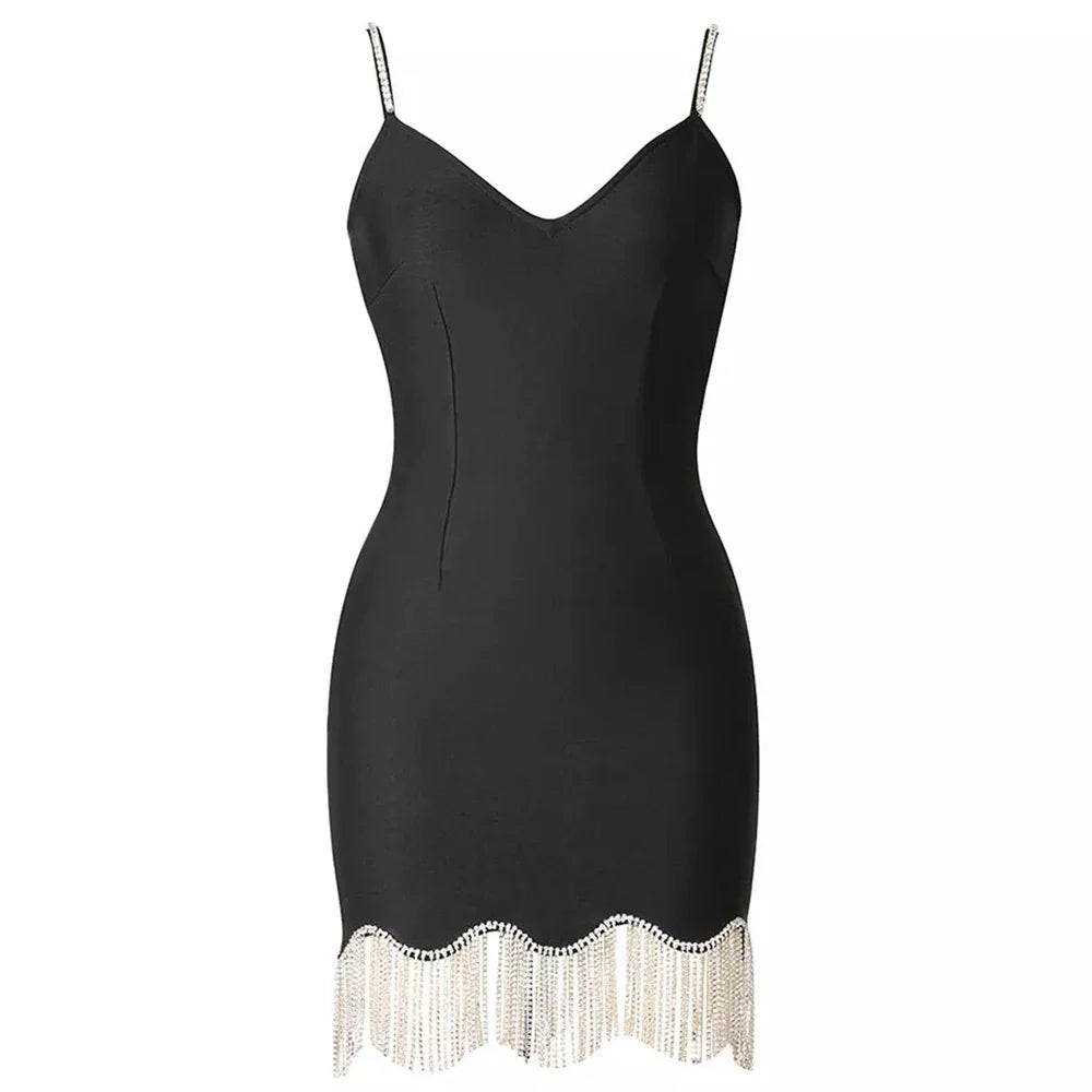 שמלת מיני בד מחטב בעיטור פרנזים מנצנצים - STAR