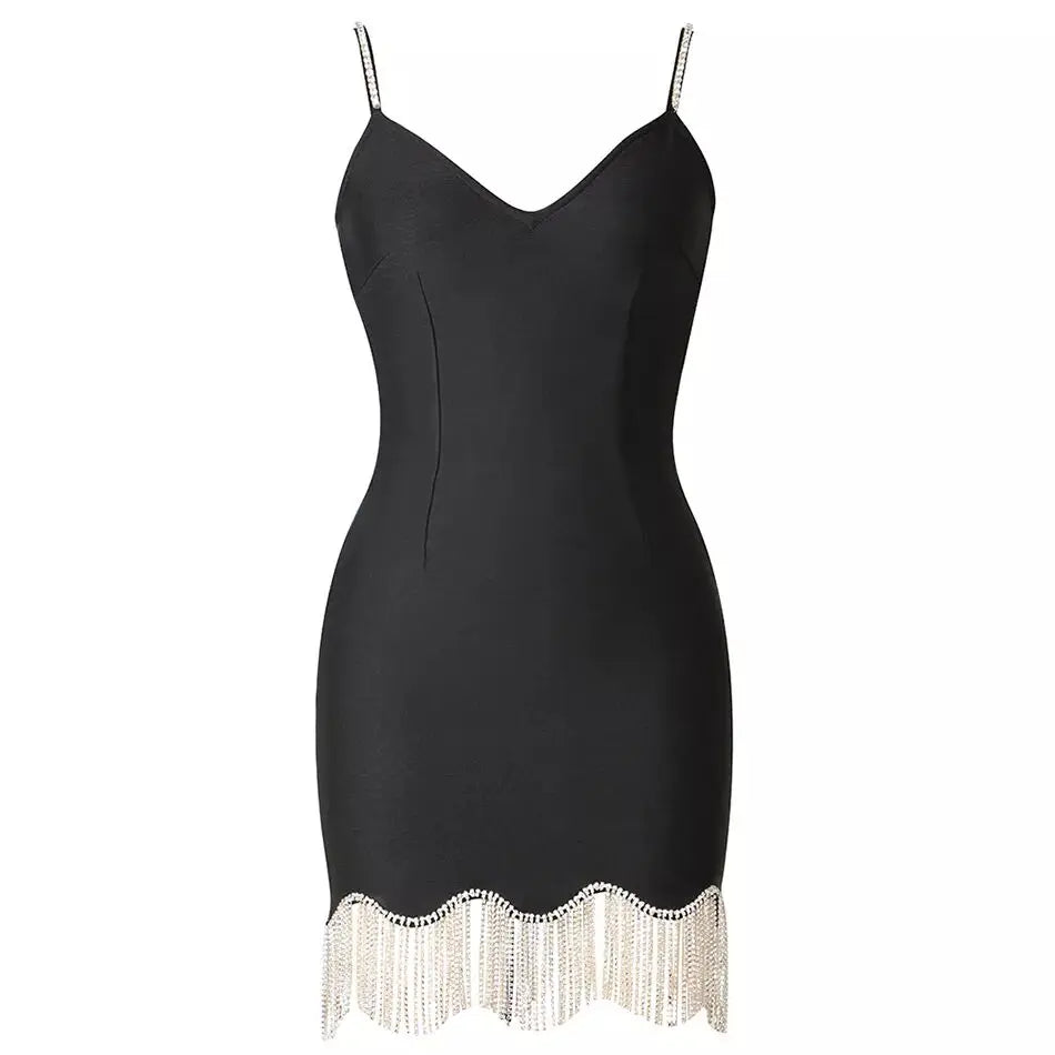 שמלת מיני בד מחטב בעיטור פרנזים מנצנצים - STAR