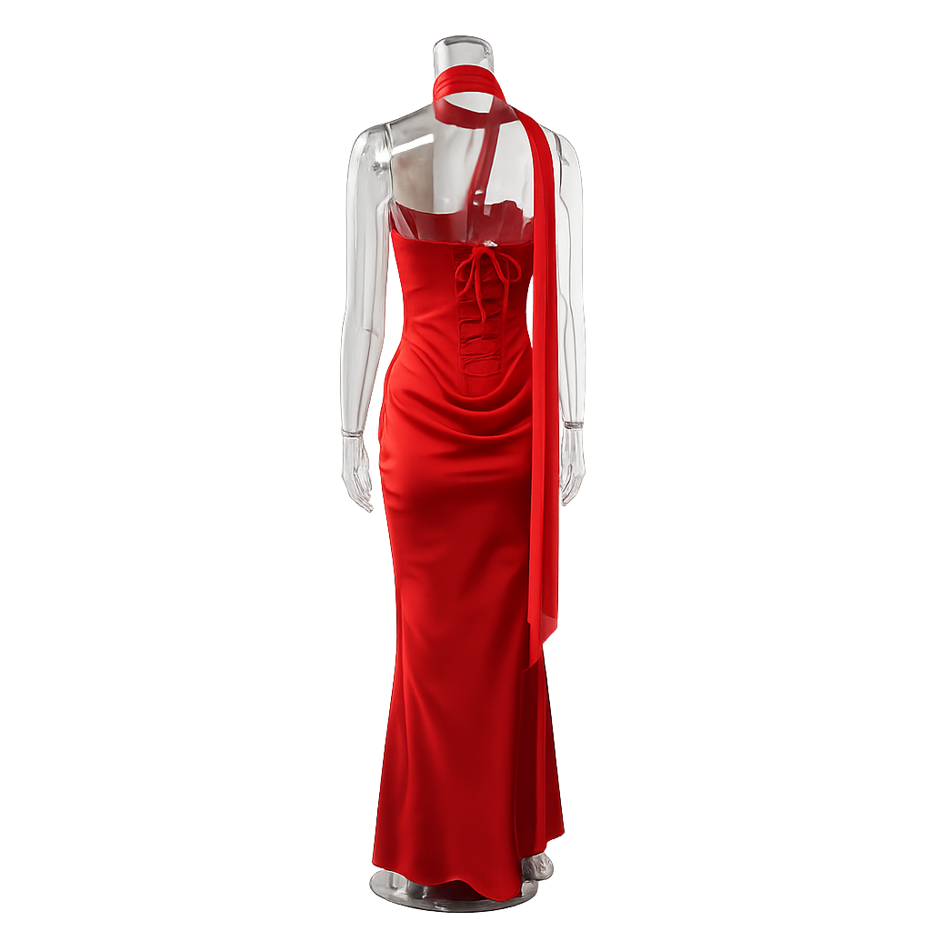 Strapless maxi dress with satin pleats and a tie-back bodice with a scarf decoration - GENNA