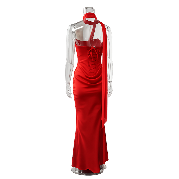 Strapless maxi dress with satin pleats and a tie-back bodice with a scarf decoration - GENNA
