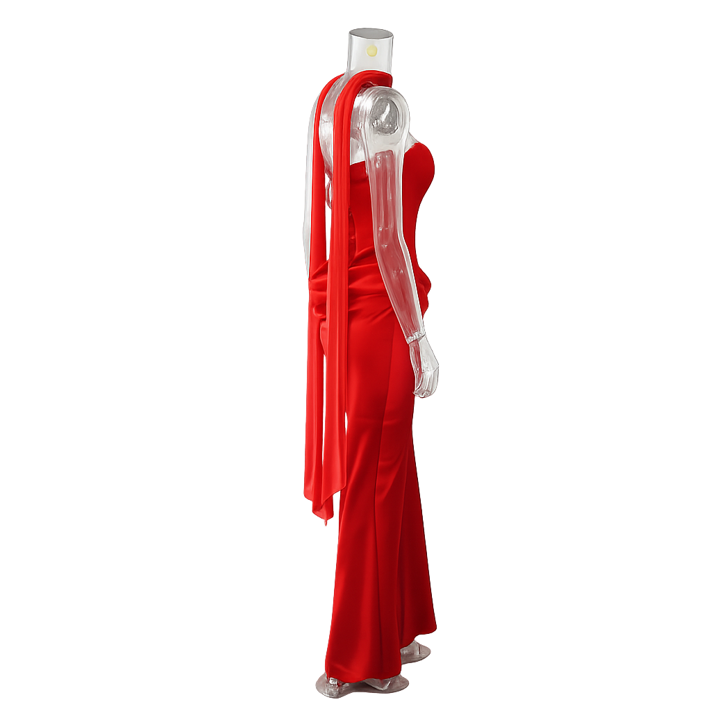 Strapless maxi dress with satin pleats and a tie-back bodice with a scarf decoration - GENNA