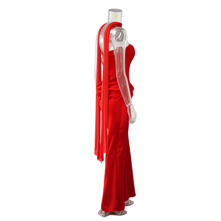 Strapless maxi dress with satin pleats and a tie-back bodice with a scarf decoration - GENNA