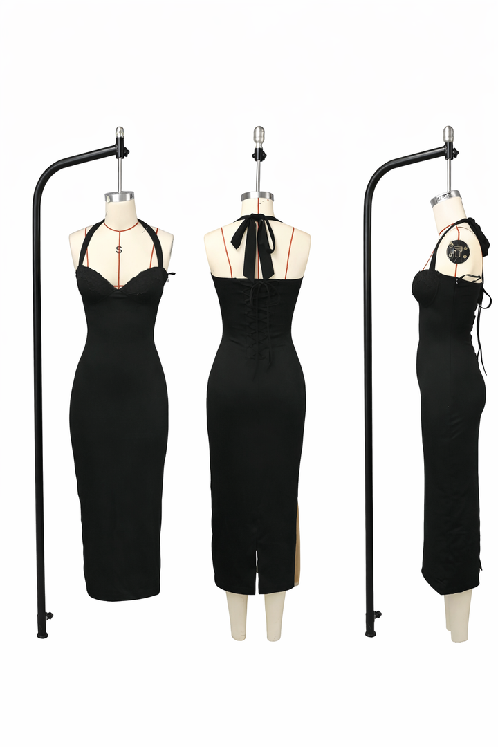 Tight midi dress with lace trim and open back - KYLA