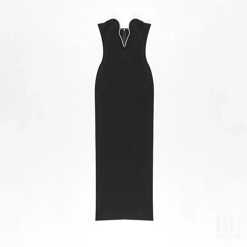 שמלת מקסי סטרפלס צמודה בד מחטב ואוסף בעיטור זרקונים בחזה - CINDY