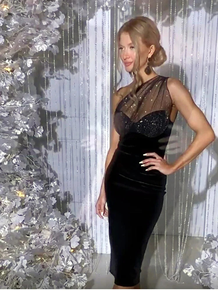 שמלת מידי קטיפה בעיטור שיפון נצנצים - איירין