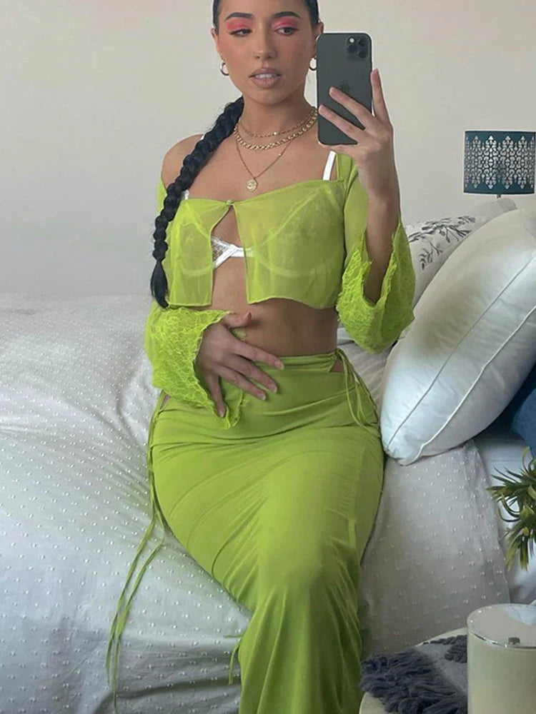 סט שני חלקים חצאית מקסי וטופ תחרה - פמינה