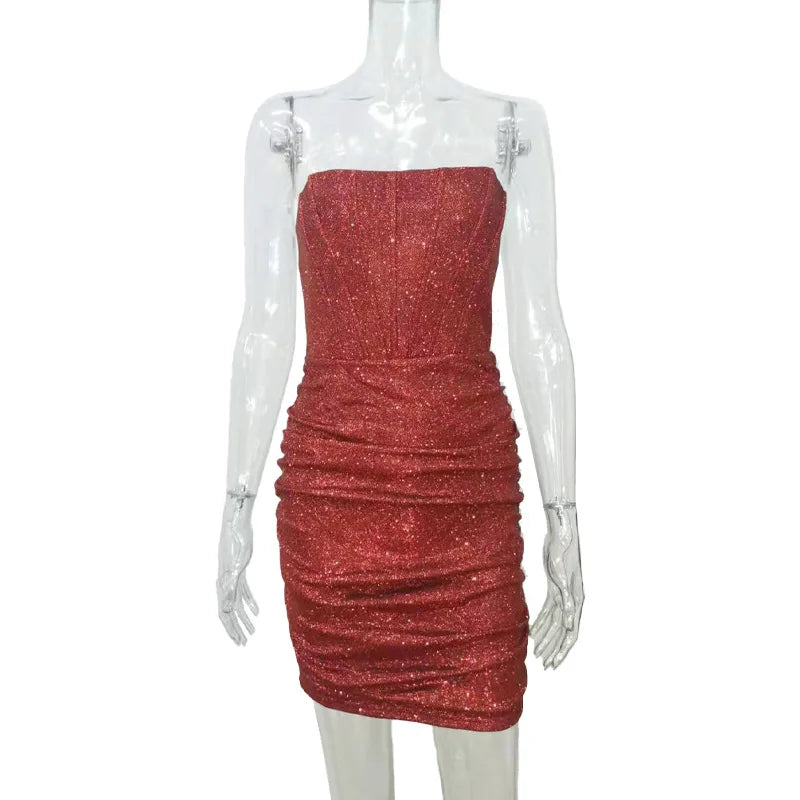 שמלת מיני סטרפלס נצנצים בעיצוב מחוך - Sienna