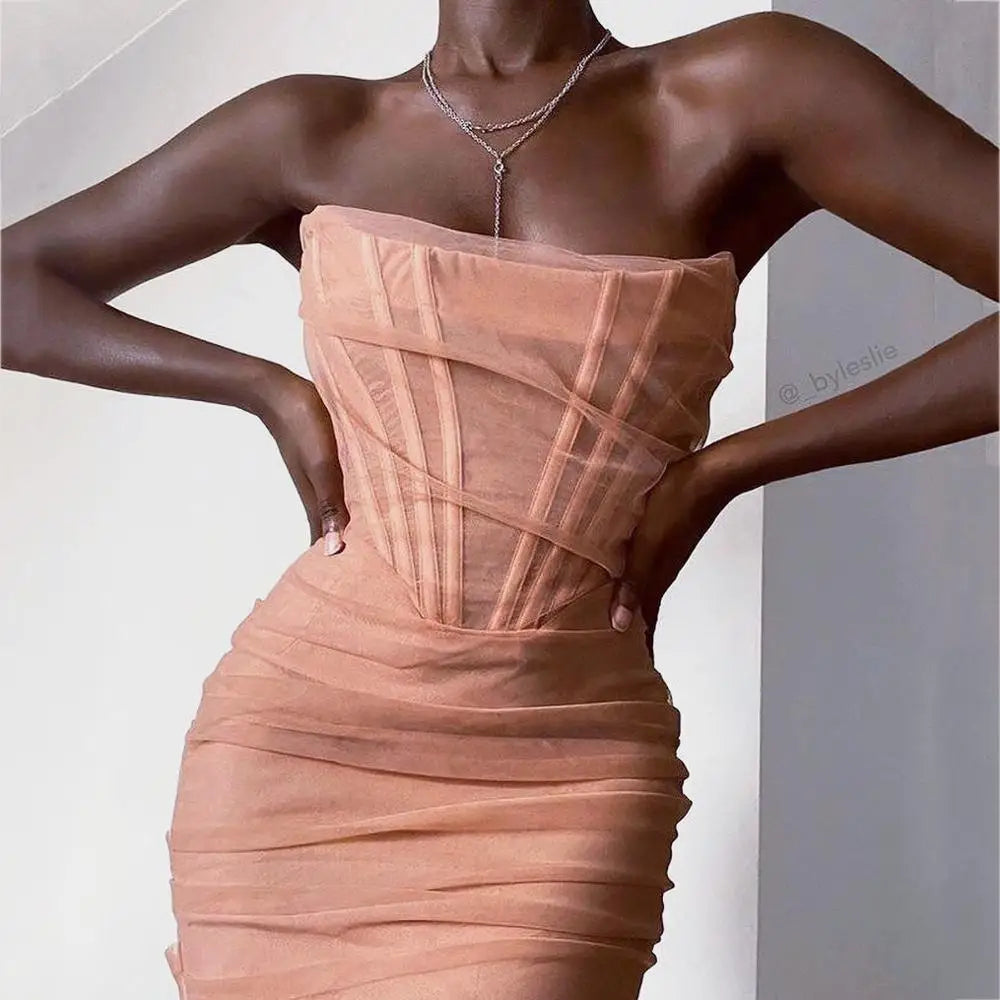 שמלת מידי סטרפלס מחוך שיפון - טולה