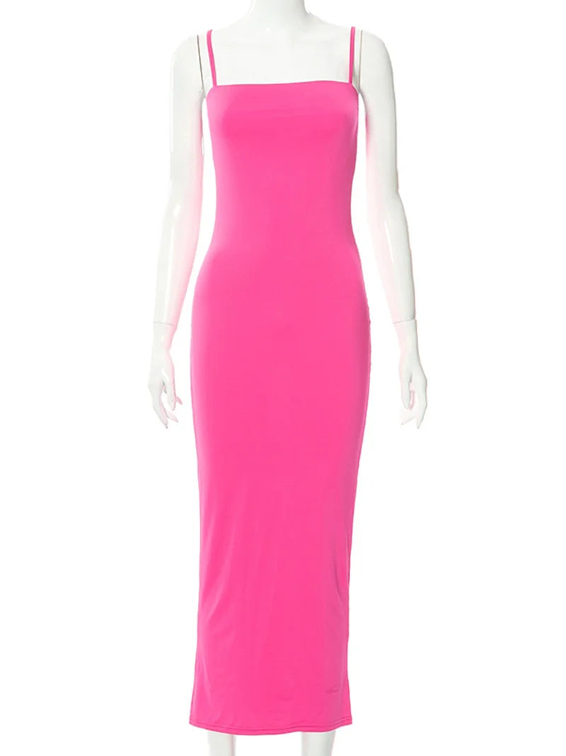 שמלת מקסי צמודה רצועות ספגטי בד מחטב ומחמיא - רוקסנה