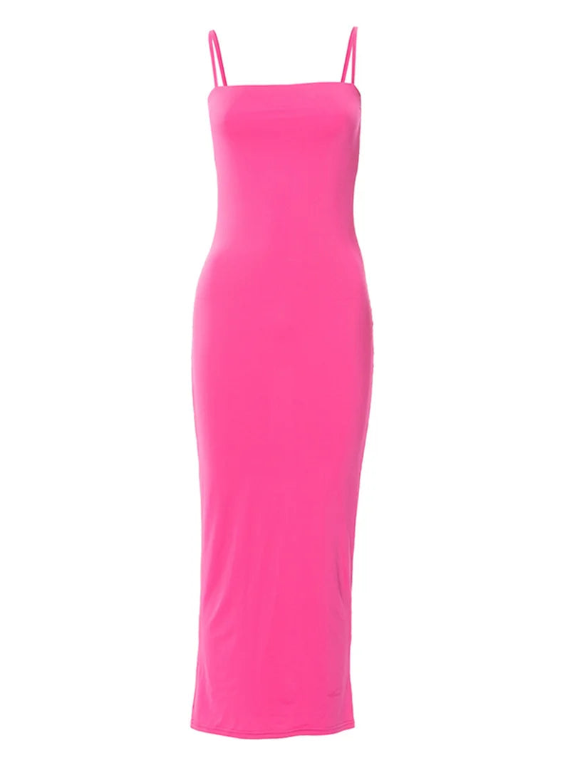 שמלת מקסי צמודה רצועות ספגטי בד מחטב ומחמיא - רוקסנה