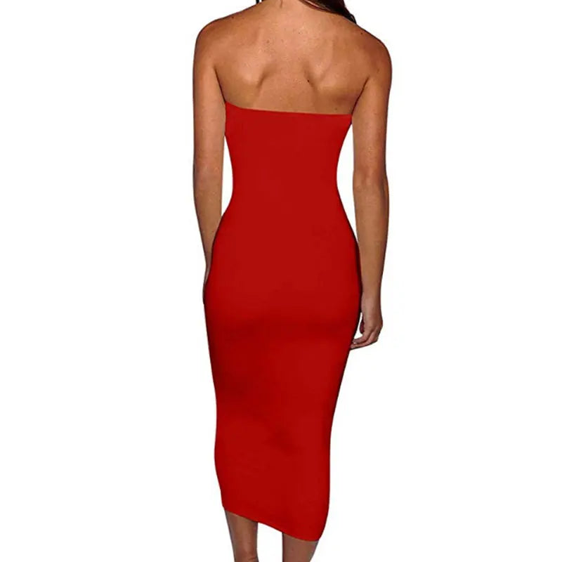 שמלת מידי סטרפלס צמודה בד מחטב - אור לי