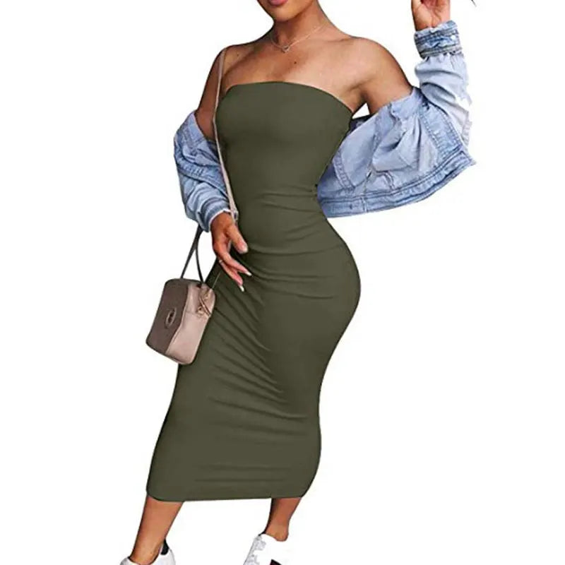 שמלת מידי סטרפלס צמודה בד מחטב - אור לי