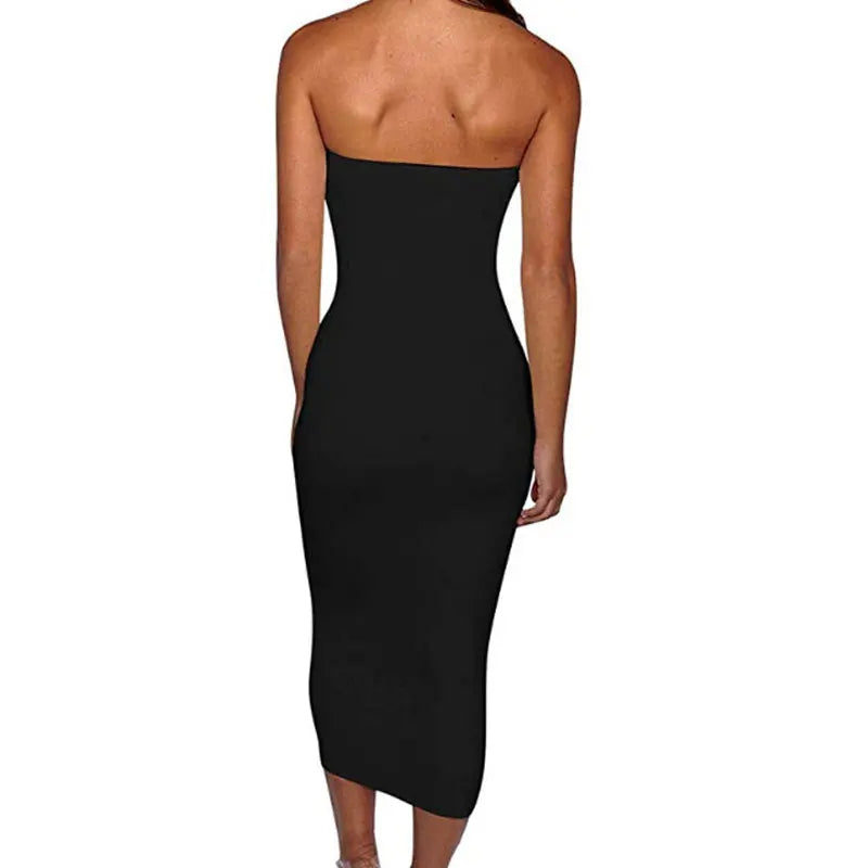 שמלת מידי סטרפלס צמודה בד מחטב - אור לי