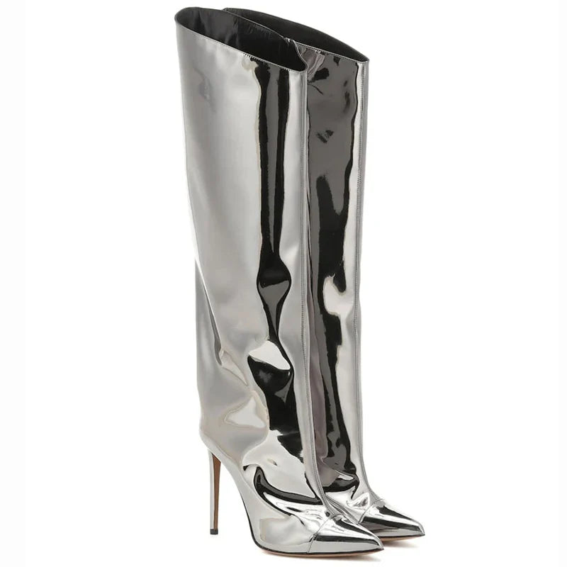 High-heeled pointed-toe boots in shiny leather design - Sloane