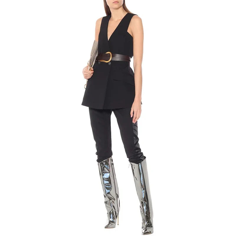 High-heeled pointed-toe boots in shiny leather design - Sloane
