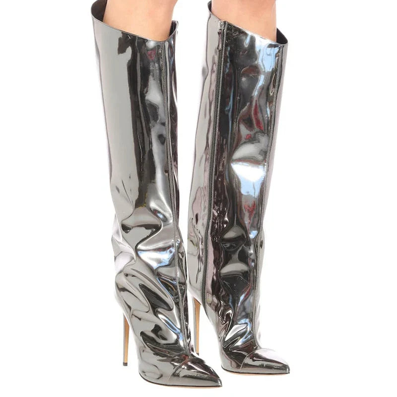 High-heeled pointed-toe boots in shiny leather design - Sloane